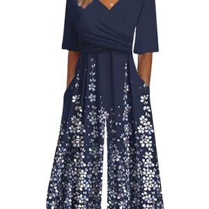 Elegant Navy Floral Capri Jumpsuit